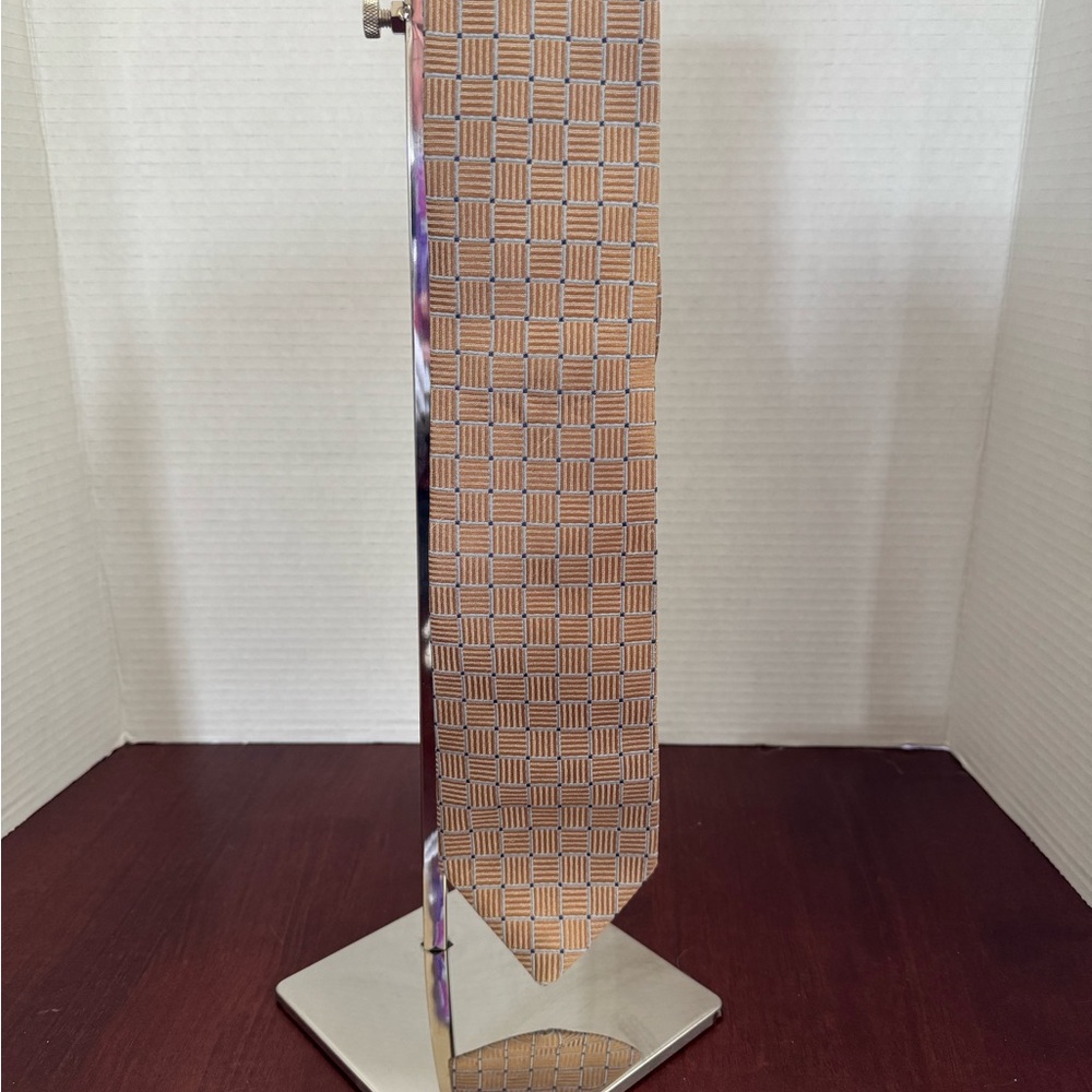 Vintage Christian Dior Boutique Silk Necktie Tan Blue Geometric Woven Designer